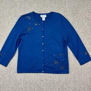 Pendleton Silk Cashmere Cardigan Sweater M Blue Beaded Floral Button‎ Front